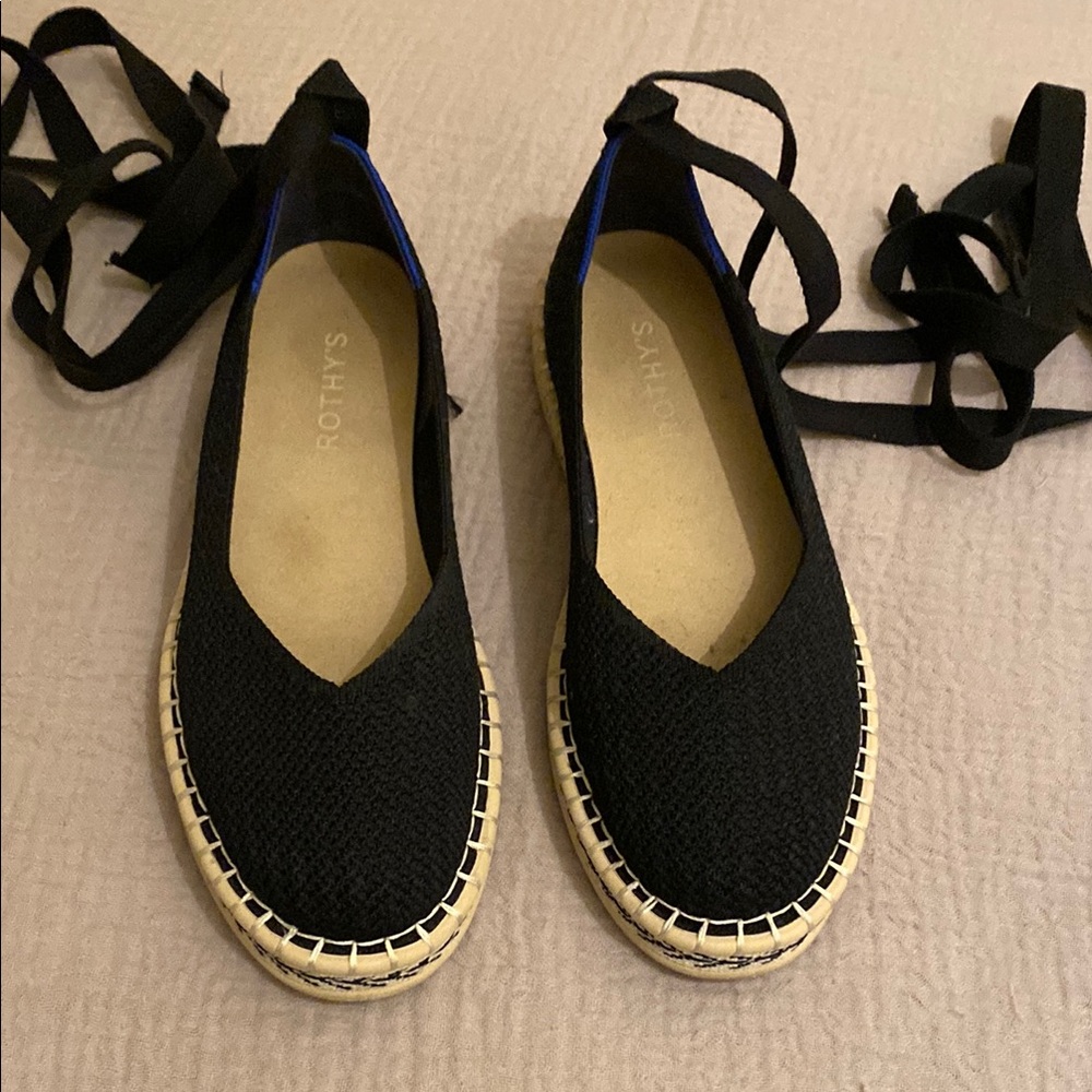 Rothy's Black Espadrille Lace-Up Flats with Natural Jute Trim. Size 7.5 - Picture 4 of 7